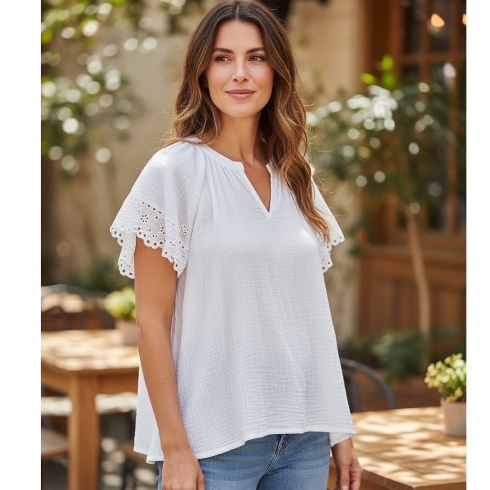 Beachlunchlounge Dessa White Cotton Gauze Eyelet Short Sleeve Top Cottagecore S - Picture 3 of 13
